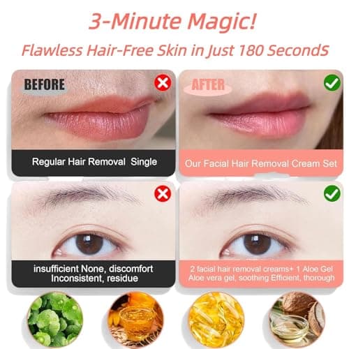 Watofun Facial Hair Removal Cream, Remover for Face & Body, Soothing Aloe Gel, For Sensitive Skin, With Coconut Oil, Vitamin E, Painless Hair Remover for Upper Lip, Chin, Eyebrows for Women & Men - Thumbnail 2