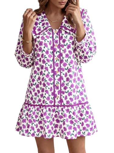Wenrine Womens Casual Shirt Dresses 3/4 Long Sleeve Floral Button Down Flowy Babydoll Fall Mini Dress Violet - Image 1