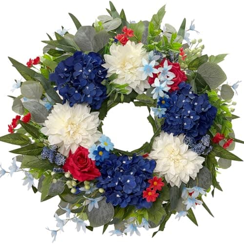 HipTree 24 Inch Patriotic Wreath for Front Door,4th of July Wreaths with Red White Blue Silk Spring Hydrangeas&Dahlias Florals for Labor Day, Memorial Day,Independence Day,Summer Decorations - Image 1