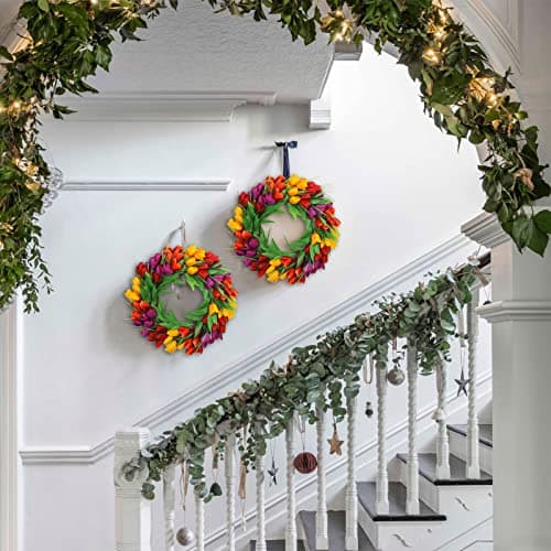 U'Artlines 24 Inch Tulip Wreath for Front Door, Spring Summer Silk Wreath with Green Leaves Artificial Tulip Flower Wreaths for All Seasons Window Wall Wedding Valentines Day Decor - Thumbnail 6