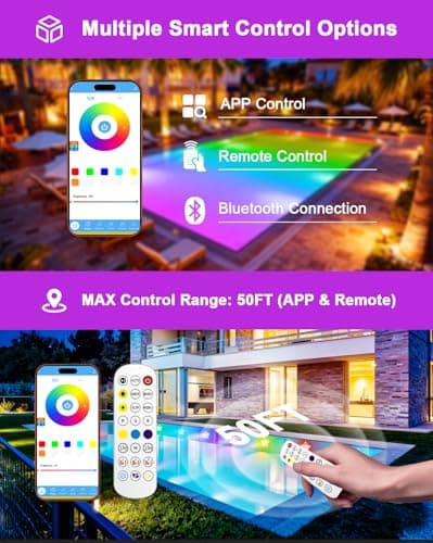 RGB+IC Pool Lights for Inground & Above Ground Pools, Submersible Underwater Pool Lights with App & Remote Control, 16M Colors, 100 Scene Modes, Timer, IP68 Waterproof, Night Swimming & Pool Parties - Thumbnail 2