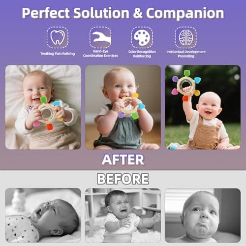 VTECHOLOGY Baby Teething Rings Toys for 0-6 6-12 Months Baby Rattle Teether Sensory Toys for Babies 0-24Months Silicone Teether Relief Chew Soothing Sore Gums for Newborn Infant Essentials BPA Free - Thumbnail 5
