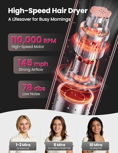 O.H.B 7 in 1 Hair Styler & High Speed Dryer Brush, 110,000RPM Blow Dryer Brush, Ionic Air Styler with Fast Drying, No Heat Damage Air Multi Styler for Volumize, Curl, Straighten, Travel Case, Gray - Thumbnail 6
