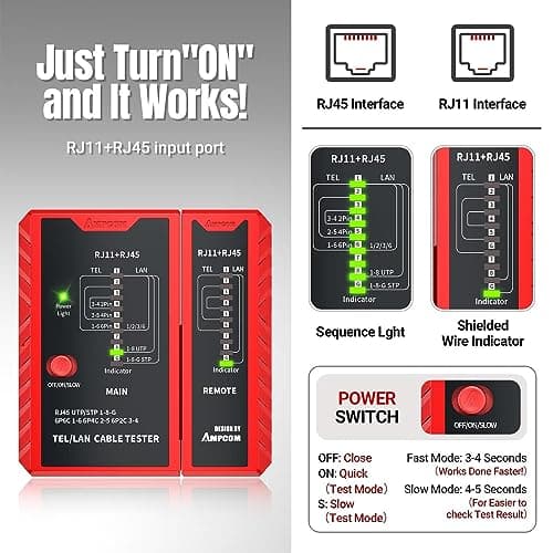 AMPCOM Network Cable Tester RJ45 for LAN & TEL Continuity of RJ45/11/12 CAT5E CAT6 CAT7 UTP & STP Shielded Ethernet Wires Test Tool - W/Carrying Bag - Red - Thumbnail 2