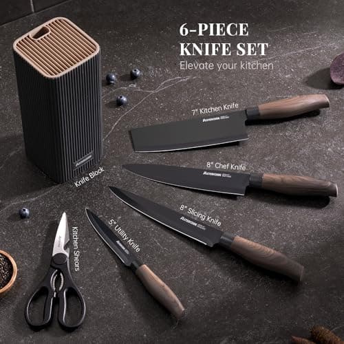 Astercook Knife Set, 6-Piece Kitchen Knife Set with Block, High Carbon Stainless Steel Ultra Sharp Kitchen Knives, Wood Grain Handle, Dishwasher Safe Knife Block Set, Black - Thumbnail 2