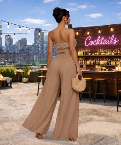 ABKY Two Piece Sets for Women Going Out Summer Off Shoulder Tube Top Palazzo Pants Set Vacation Birthday Party Date Night Outfits Khak L - Thumbnail 5