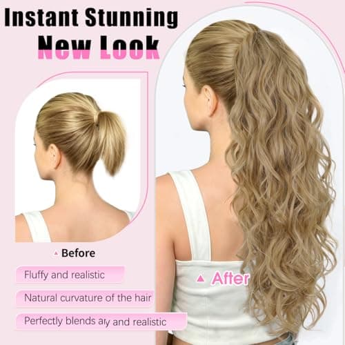 LRSICAL Ponytail Extension, Claw Clip Ponytail Extension Long Wave Ponytail Extensions for Women Fluffy Natural Synthetic 26 Inch Hairpiece for Daily Use(Color:Mocha with Medium Blonde） - Thumbnail 3