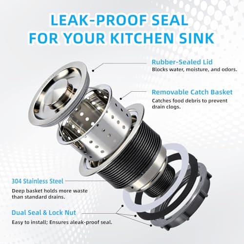 Kitchen Sink Drain Assembly, Stainless Steel Removable Deep Sink Strainer Basket, 3-1/2 Inch Sink Drain Stopper Plug, Sealing Lid - Thumbnail 4