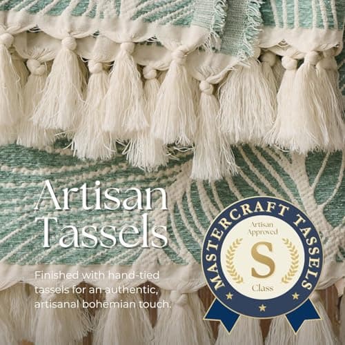 DOWN HOME Chenille Cotton Throw Blanket for Couch, Lightweight Boho Blanket for Bed Sofa Chair Living Room Outdoor Soft Woven Decorative Blanket with Tassel Gift Green Leaves 55"x60" - Thumbnail 6