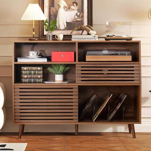zofiauai Mid Century Record Player Stand, Large Vinyl Turntable Console with Doors, Charging Station, 451 Albums Capacity Media Storage Shelf, Entertainment Center for Living Room, Bedroom, Walnut - Thumbnail 2