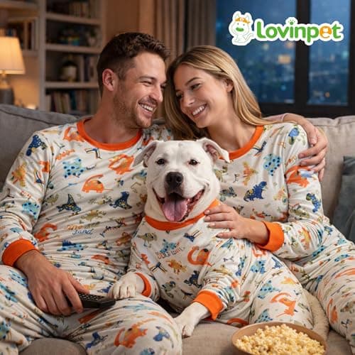 LovinPet Pajamas Set Long Sleeve Sleepwear for Women and Men, Soft Pull-On PJ Loungewear with Pockets, Matching Dog and Owner Pajamas, Dinosaur Print, Orange, 3XL - Thumbnail 6