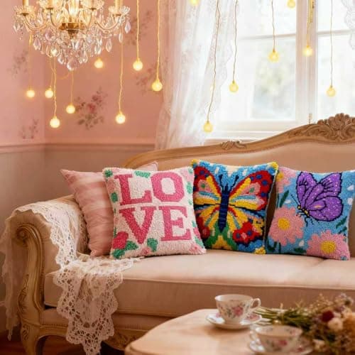 Miaceito Butterfly Flower Latch Hook Pillow Kit for Adults Beginners, Pre-Printed DIY Craft Set with Wooden Hook, 17x17 Inch Home Decor - Thumbnail 2