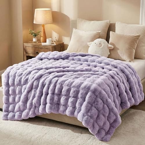 DREAMNINE Soft Faux Bubble Rabbit Fur Throw Blanket for Couch, Thick Cozy Decorative Warm Fuzzy Fur Blanket for Sofa Chair Bedroom Living Room Dorm Gift, 50 * 60 Inches, Lilac Purple - Thumbnail 2