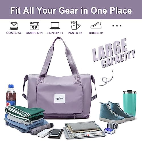 WOOMADA Foldable Travel Duffel - Women's Weekender & Gym Bag, Expandable Space, Airplane Carry-On, Wet Pocket & Trolley Sleeve, Lightweight (Lilac) - Thumbnail 3