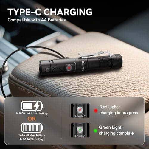 SMINGXI T5 1400 Lumens Rechargeable LED Flashlight, 90 Degree Adjustable Head, EDC Tactical Flashlight,Magnetic AA Pocket Work Light with Red Diffuser & Clip for Camping, Hiking, Emergency - Thumbnail 3