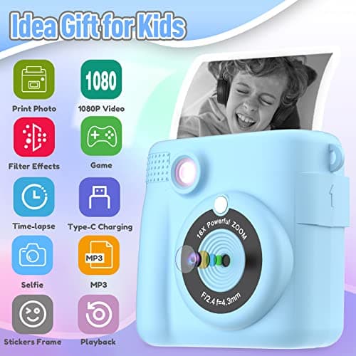 ESOXOFFORE Kids Camera Instant Print, Christmas Birthday Gifts for Kids Age 3-12, Selfie Digital Camera with 1080P Videos,Toddler Portable Travel Toy for 4 5 6 7 8 9 Year Old Boys Girls-Blue - Thumbnail 2
