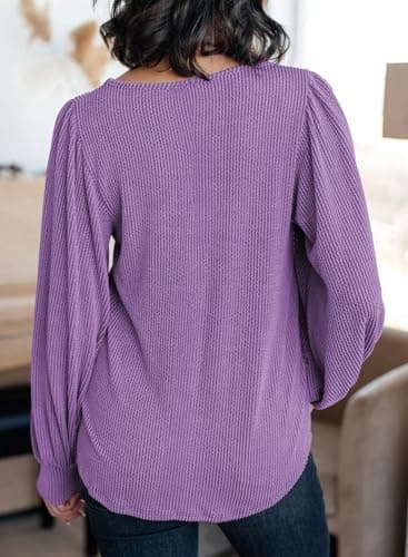 Dokotoo Womens Shirts Fall Casual Long Sleeve Square Neck Solid Pullover Ladies Waffle Striped Knitted Sweatshirt Womens Clothes Autumn Winter Tunic Blouses Purple Large - Thumbnail 2