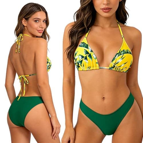 Bolsamila Women's 3 Piece Swimsuit Leaf Print Halter Bathing Suit Summer Tropical Halter Triangle Bikini Set with Beach Cover Up Yellow Green Beach Pool Vacation Small - Thumbnail 4