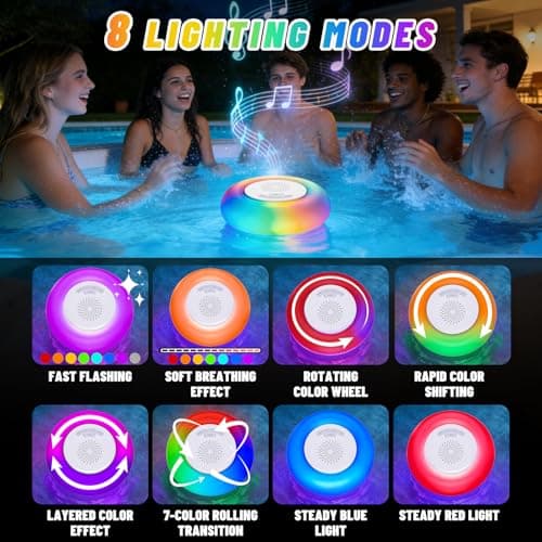 JEMULICE 2 Pack Floating Pool Lights with Bluetooth Pool Speaker, 2-in-1 RGB Pool Lights, IP68 Waterproof, 360° Hi-Fi Sound for Pool, Hot Tub and Outdoor Parties - Thumbnail 4