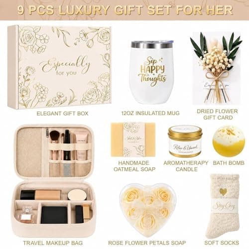 Birthday Gifts for Women, Self Care Spa Gift Basket with Empty Makeup Bag, Thinking of You Care Package Gift Box, Get Well Soon Gifts for Women, Mom, Friend, Sister, Gift Set for Her - Thumbnail 4