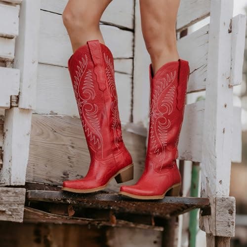 Erocalli Wide Calf Cowboy Boots Women Red Knee High Western Cowgirl Boots 2026 - Fashion Embroidered, Snip Toe, Pull On, Tall Boots, Low Heel, Music Festivals, Trendy Outfits - Thumbnail 2