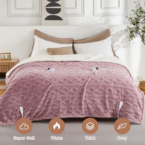 CAROMIO Electric Blanket Queen Size Dual Control - Thick Tufted Sherpa Heated Blanket Queen with 10 Heat Levels and 10 Time Settings, ETL Certified Fast Heating Blanket Queen Size 84"×90", Dusty Pink - Thumbnail 2