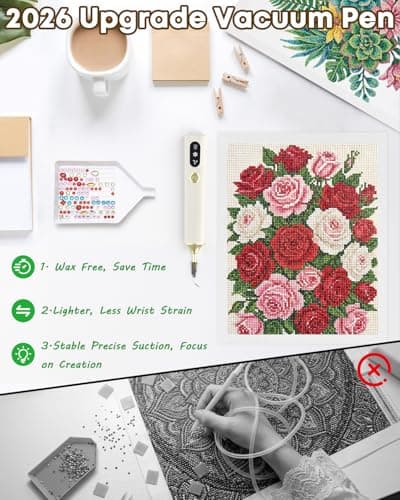 Diamond Art Tools Pen, Electric Diamond Painting Vacuum Pen Cordless & Quiet, Non Interupted Power Suction Modes, Skip Wax, No Block View Diamond Art Accessories for Adults, White - Thumbnail 2