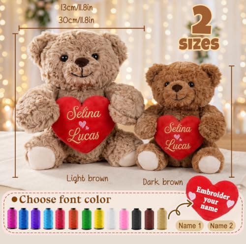 MYPHNEX Personalized Kissy Teddy Bear Stuffed Animal, Custom Bear with Embroidered Name, Toys for Wedding Couples Girlfriend Kids, Customized Anniversary Birthday Gift for Her & Him (Couple Bear) - Thumbnail 5