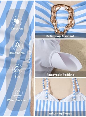 Aleumdr Womens Color Block Vintage One Piece Bathing Suits Tummy Control Swimsuits Push Up Bathing Suits Flattering Swimwear Sky Blue Stripe XX-Large - Thumbnail 6
