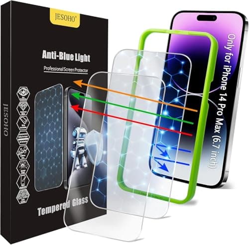 JESOHO Screen Protector for iPhone 14 Pro Max [6.7 Inch],2 pcs HD Colorless Anti-Blue Light Tempered Glass Films, 9H Hardness, No Bubbles, Case Friendly - Image 1