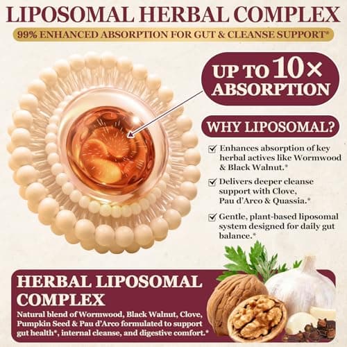 120CT 30-in-1 Liposomal Wormwood Black Walnut Clove Cleanse for Humans Capsules – Gut Cleanse & Digestive Support with Clove, Pumpkin Seed Oil, Garlic, Quassia Amara | 10X Concentrated | Vegan 1815mg - Thumbnail 6