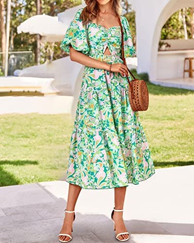 BTFBM Summer Dresses for Women 2026 Spring Outfits Beach Vacation Short Sleeve Smocked Boho Casual Floral Maxi Dress(Print Green, Medium) - Thumbnail 6