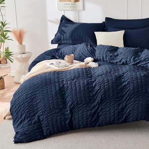 HYMOKEGE Navy Blue Queen Comforter Set Seersucker 7 Pieces, All Season Luxury Bed in a Bag for Bedroom, Bedding Set with Comforters, Sheets, Pillowcases & Shams - Thumbnail 2