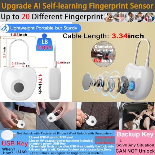 Bstsilver Fingerprint Padlock, Larger Sensor & 6.2" Flexible Cable, 20-User Biometric Lock wtih Emergency USB Key & Code for Gym Locker, Luggage, Backpack, Toolbox, Cabinet, Suitcase, School, Travel - Thumbnail 2