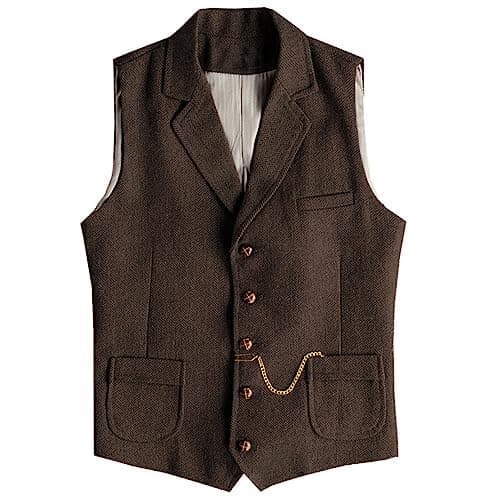 AeoTeokey Men's Tweed Suit Vest Western Herringbone Wool Casual Waistcoat for Groomsman (Coffee,3X-Large) - Image 1