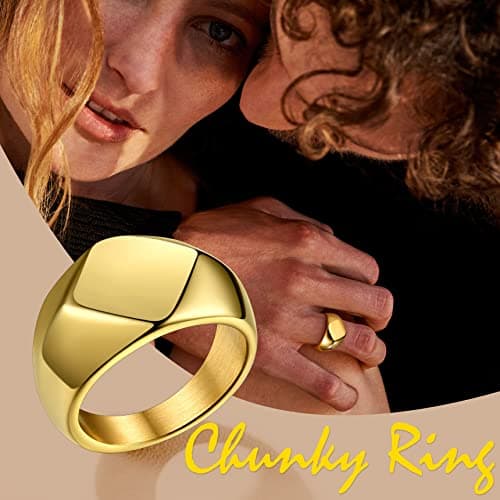 Bestyle 18K Gold Plated Band Ring Square Shape Gold Signet Ring Chunky Simple Plain Solid Stainless Steel Casual Ring Rerto Biker Statement Ring Stackable, Size 11 - Thumbnail 3