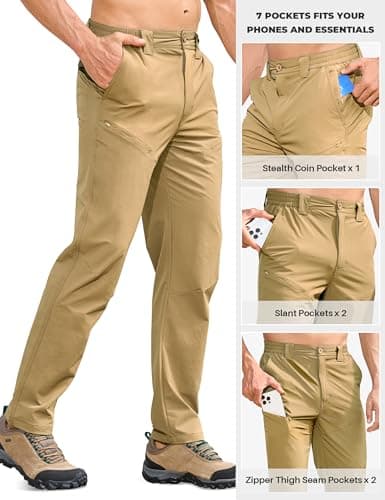 MOURCE Mens Hiking Pants Lightweight Quick Dry - Waterproof Elastic Waist Travel Pants for Men Outdoor Work Travel, Khaki - Thumbnail 4