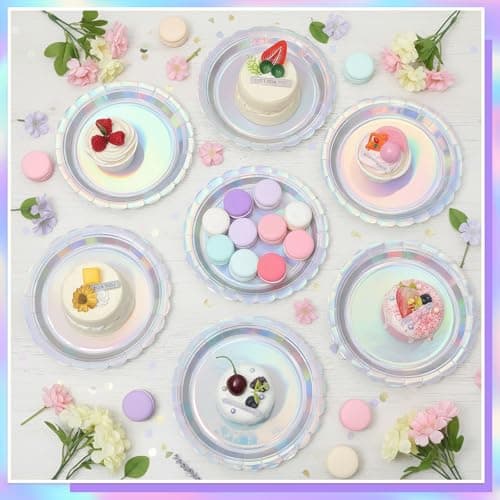 NatNarr 30 Pcs Iridescent Paper Plates Disposable 7 Inch Scalloped Holographic Plates Sliver Cake Dessert Plate for Birthday, Mermaid, Disco - Thumbnail 4