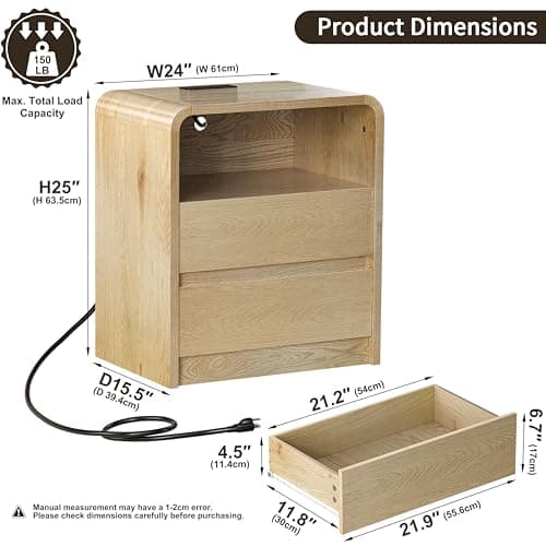 Modern Fluted Night Stand with Charging Station, 25" Tall Wood Nightstand Bedside Table with 3 Drawers & USB Ports, Mid-Century End Table for Bedroom (1, Nature Smooth, 2 Drawers) - Thumbnail 2