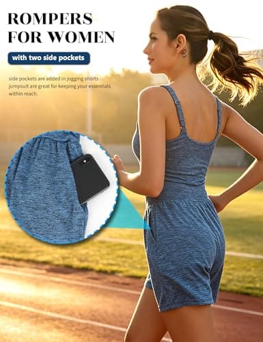 SLIMBELLE Built In Bra Athletic Rompers For Women Summer Square Neck Adjustable Strap Pleated Waist Pockets Short Jumpsuit One Piece Outfits BLUE 2XL - Thumbnail 4