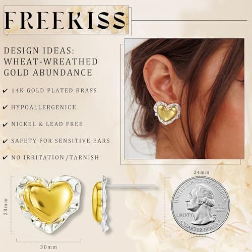 Freekiss Chunky Gold and Silver Heart Stud Earrings for Women,14K Gold Plated Irregular Heart Love Drop Earrings, Trendy Bold Geometric Jewelry Gift - Thumbnail 3