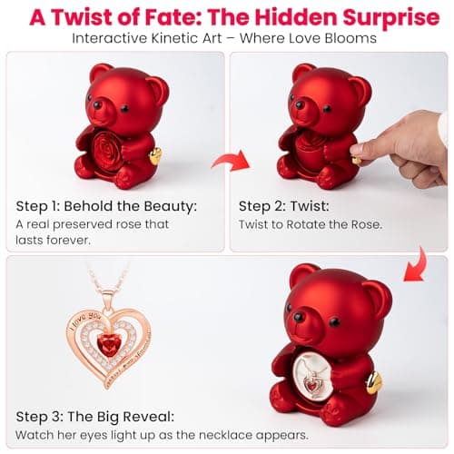 mountova Teddy Bear with Preserved Rose Flower in Bear with Necklace and Box for Women Romantic Bear Roses Gifts for Valentines Mothers Day Anniversary Day Birthday (Red) - Thumbnail 2