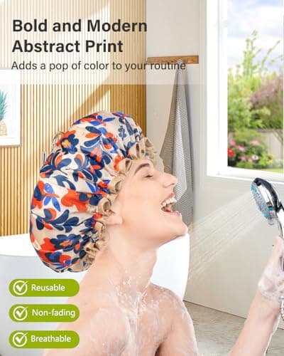 mikimini Reusable Showe Cap for Women Waterproof, Large Shower Caps with Elastic Band & Double Layers - Adjustable Shower Bonnet for Long Hair, Braids, Bold Abstract Print Hair Cap - Thumbnail 6