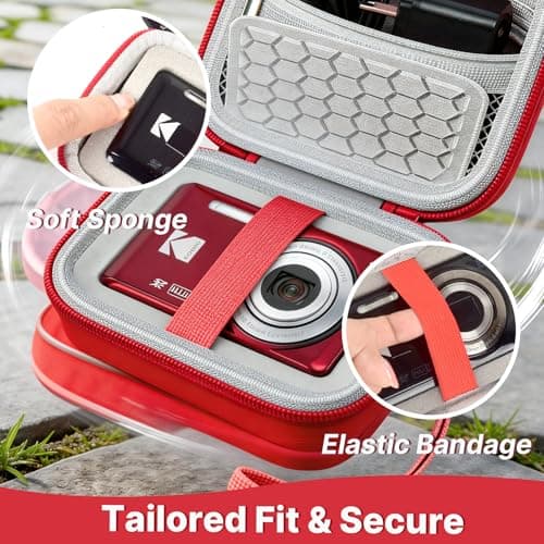 Comecase Hard Camera Case for KODAK PIXPRO FZ55 FZ45, Shockproof Digital Camera Bag with Accessory Mesh Pocket, Small Vlogging Camera Case, Portable Travel Carrying Pouch for All Ages, Red - Thumbnail 4