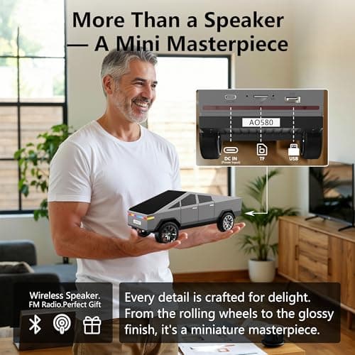 AONOX Cybertruck Bluetooth Speaker for Car, Mini Wireless Speaker with LED Lights, FM Radio, USB/TF Card, TWS Stereo, Desk Gaming Outdoor Use, Gift for Car Lovers - Thumbnail 6
