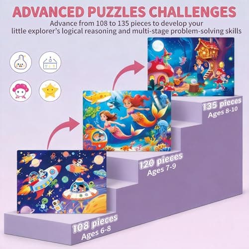 NurtureNook Puzzles for Kids Ages 6-8, 3-in-1 Progressive Jigsaw Puzzle Set (108, 120, 135 Pieces), Advanced Fantasy Toys (Space, Mermaid & Magic Forest), Birthday Gift with 3 Storage Boxes - Thumbnail 3