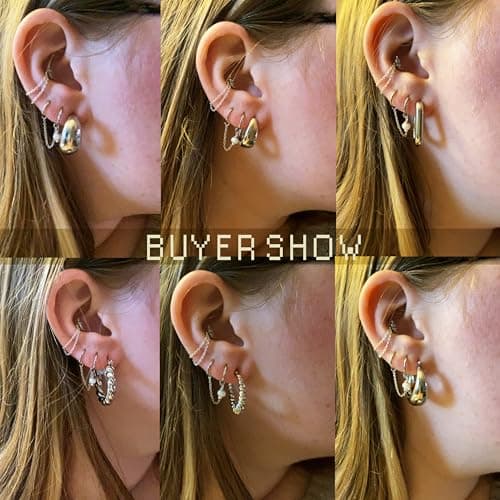 6 Pairs 14K Gold Plated Hoop Earrings for Women Lightweight Chunky Hoop Earrings Multipack Hypoallergenic, Thick Open Twisted Huggie Hoops Earring Set Jewelry for Gifts. (Gold) - Thumbnail 6