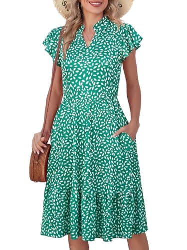 Lyrur Womens Summer Dresses 2026 Flutter Sleeve V Neck Midi Dress Casual Flowy Tiered Beach Sundress (L,7070 Green Floral) - Image 1