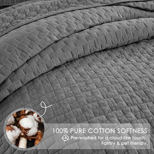 palassio Dark Grey 100% Cotton Quilt King Size Bedding Sets with 2 Pillow Shams, Textured Lightweight Soft Bedspread Shabby Chic Coverlet, Quilted Comforter Bed Cover for All Season, 3 Pieces - Thumbnail 5