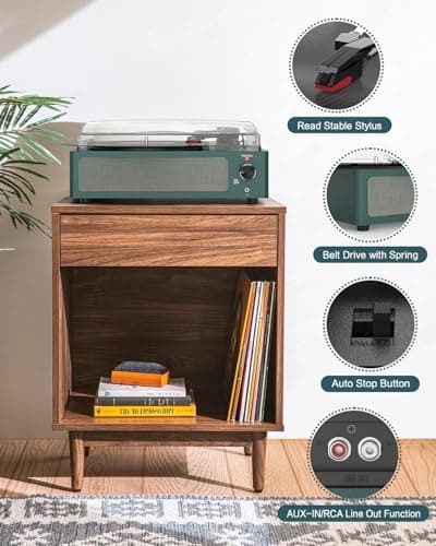 Record Player for Vinyl Turntable with Built-in Wireless Receiver & 2 Stereo Speakers 3 Speed 3 Size LP Players Portable Turntables for Vinyls Records Headphone AUX RCA Auto Stop New Sleek Dark Blue - Thumbnail 4